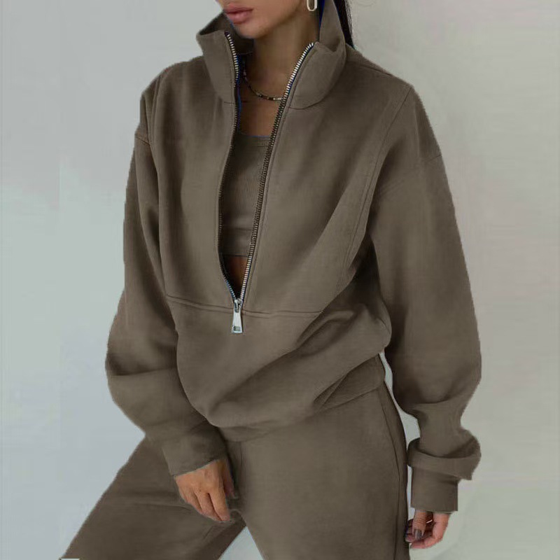 Women's Fleece Zip-Up Tracksuit Set Casual Athleisure
