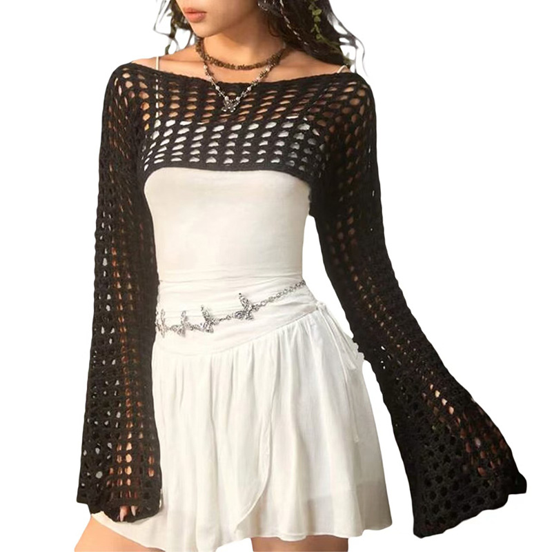 Women's Casual Open Knit Top Short Flared Sleeve Off-Shoulder Loose Sweater
