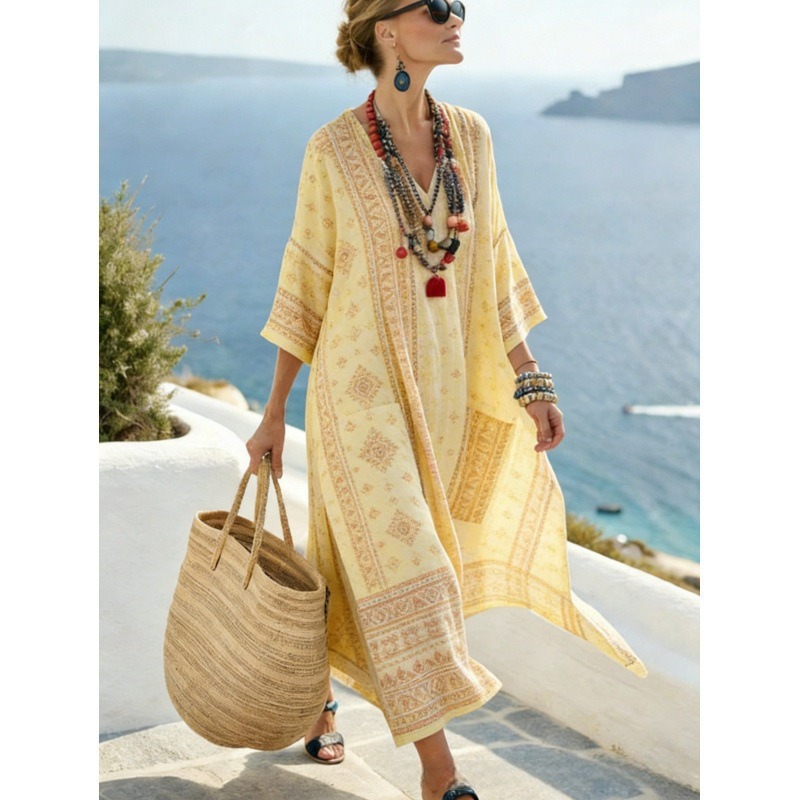 Women's Animal Print A-Line Midi Dress Long Sleeve Crew Neck Casual