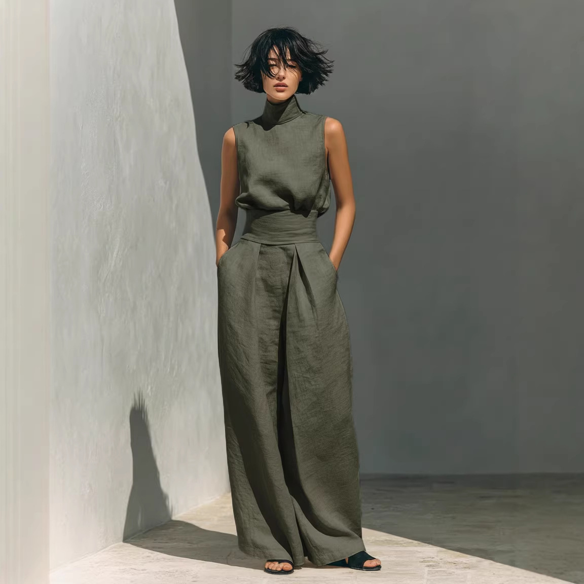 Women's Sleeveless Cotton-Blend Top & Wide-Leg Pants Set