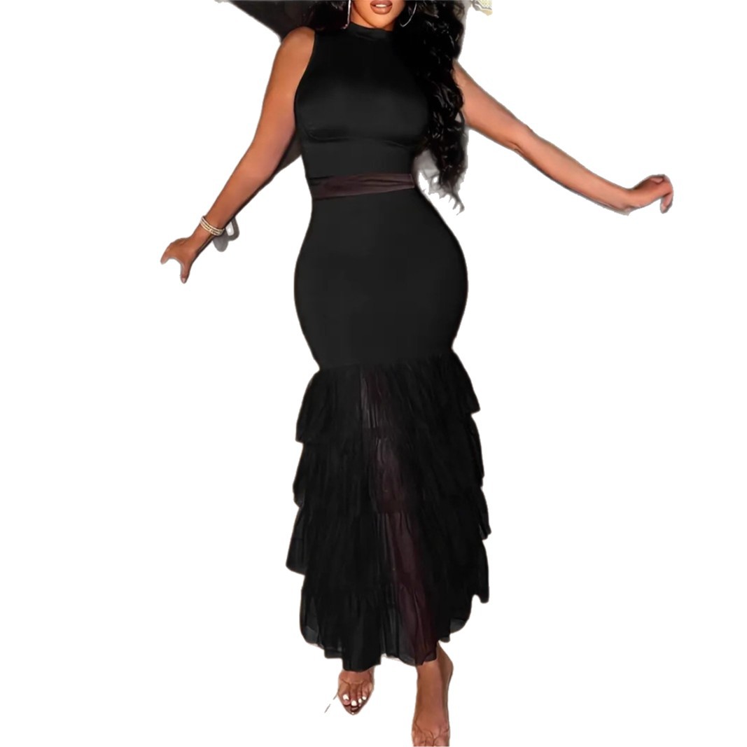 Sexy Elegant Black Sleeveless Fringe Panel Knit Bodycon Midi Dress