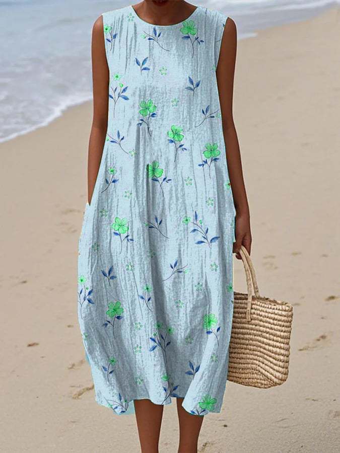 Women's Vintage Patterned Sleeveless Midi Dress