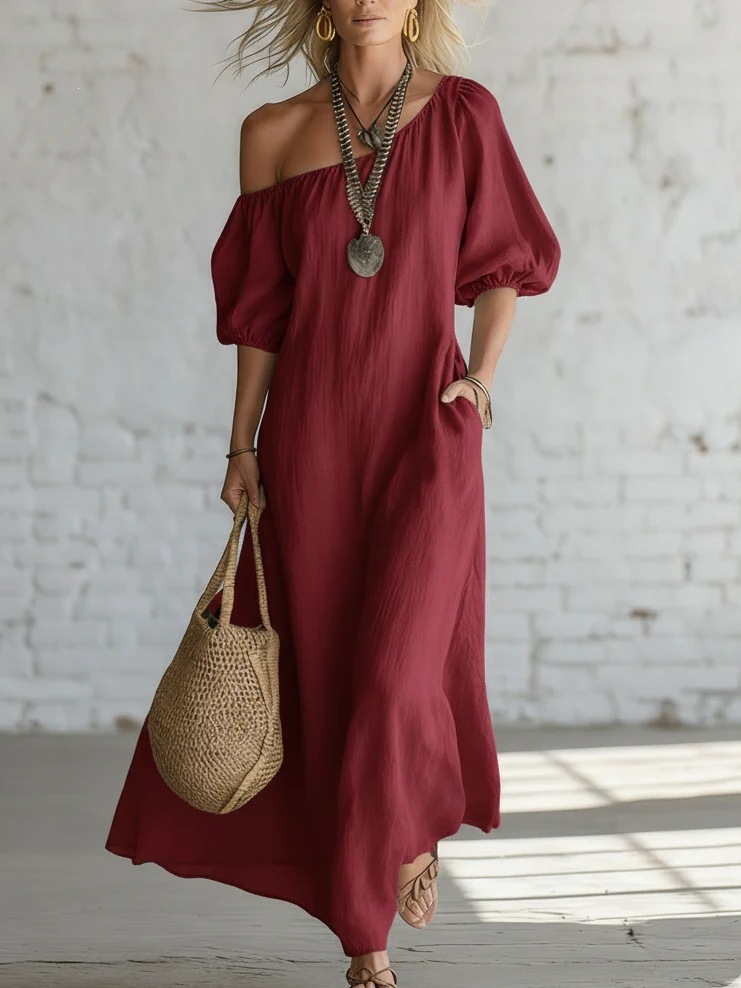 Women's Solid Color Loose One-Shoulder Long Cotton-Linen Dress