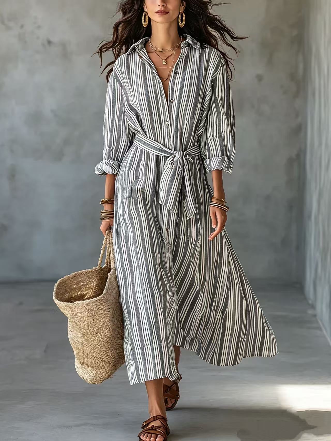 Striped Collared Tie-Waist Long Shirt Dress