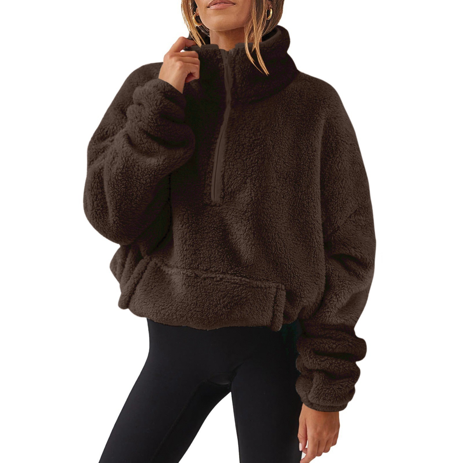 Fleece-Lined Half-Zip Stand Collar Sweatshirt for Women