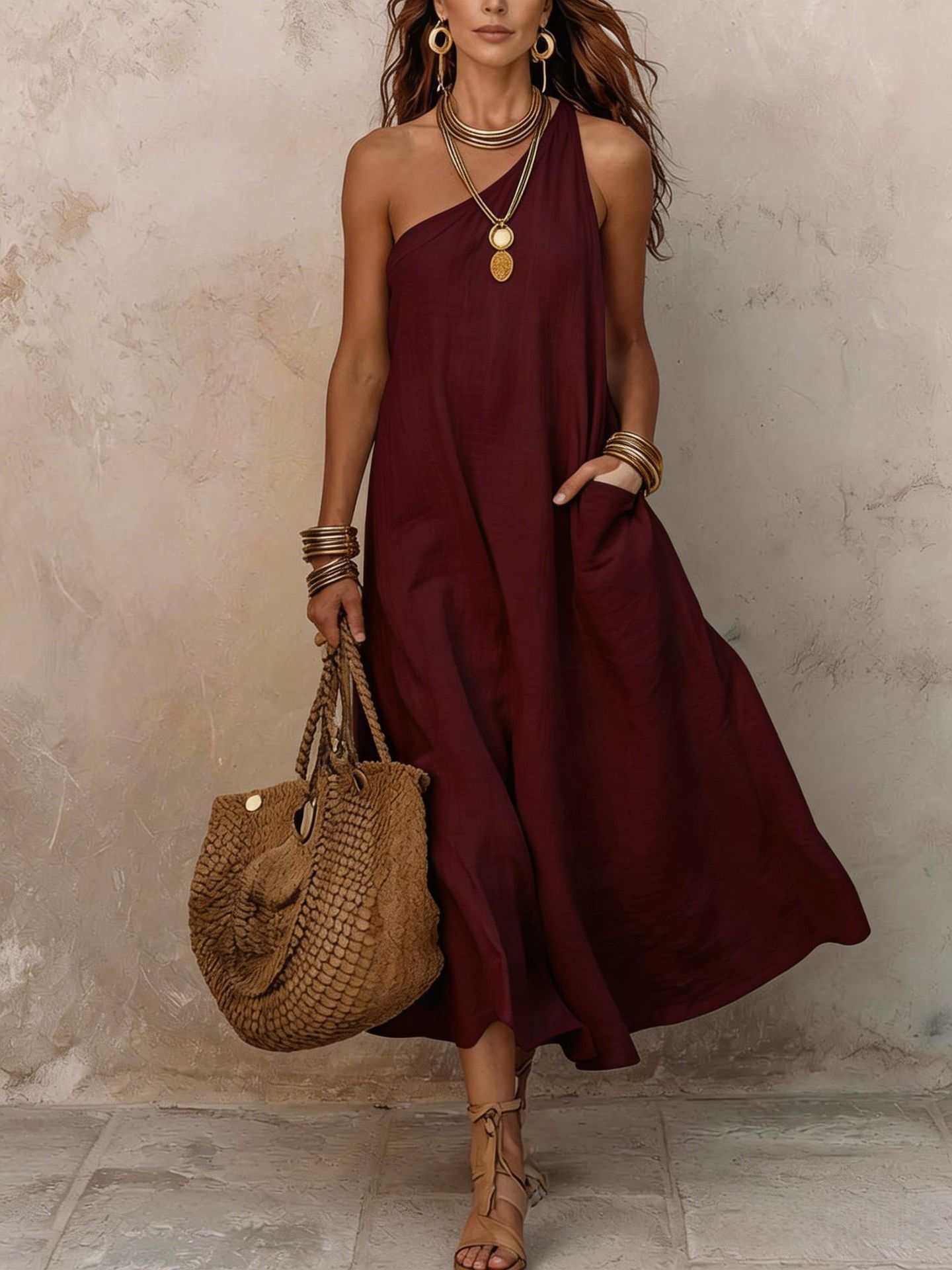 One-Shoulder Solid Color Sleeveless A-Line Maxi Dress