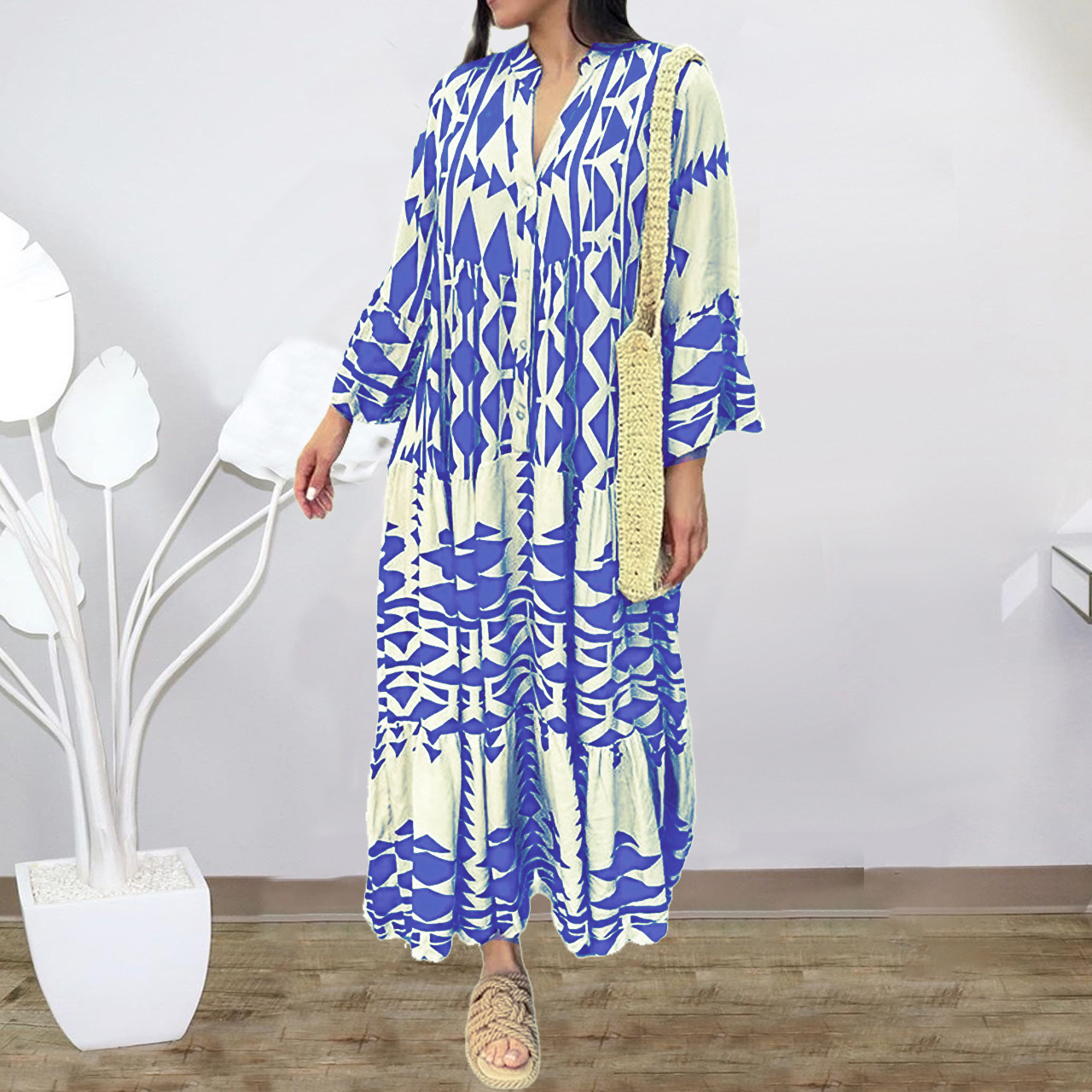 Plus Size Bohemian Print Shirt Dress V-Neck A-Line Long Sleeve