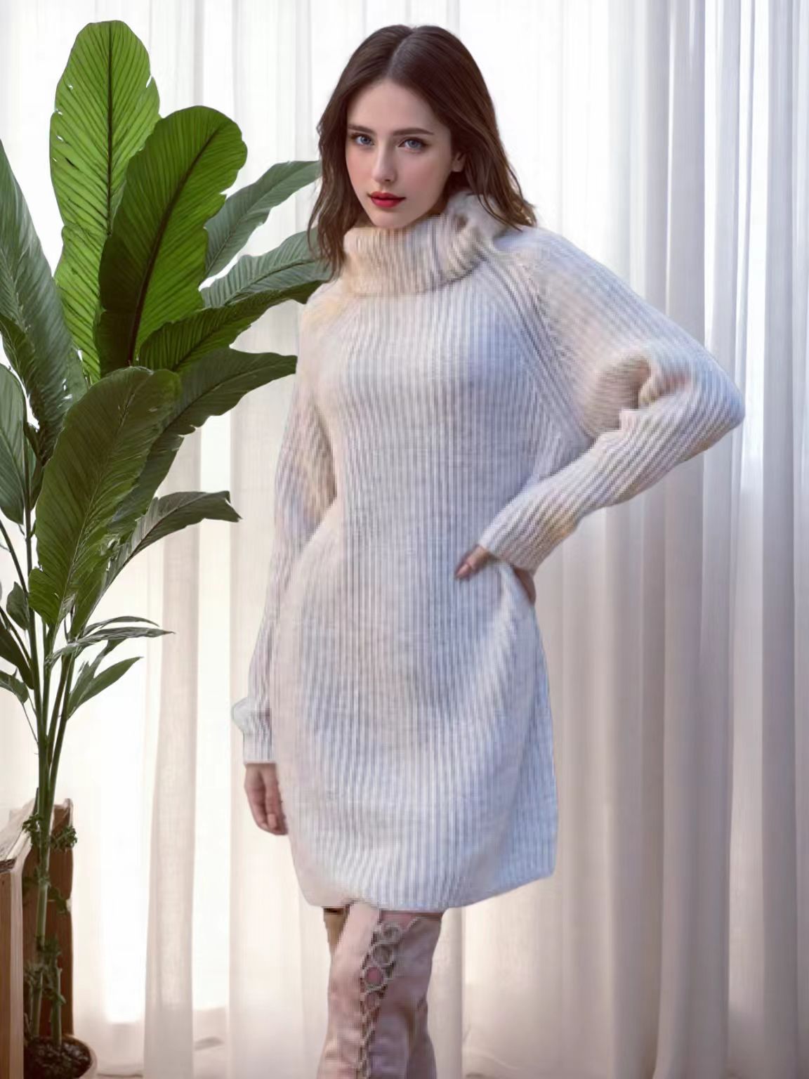 Women's High Neck Knit Long Straight Dress Lazy Style