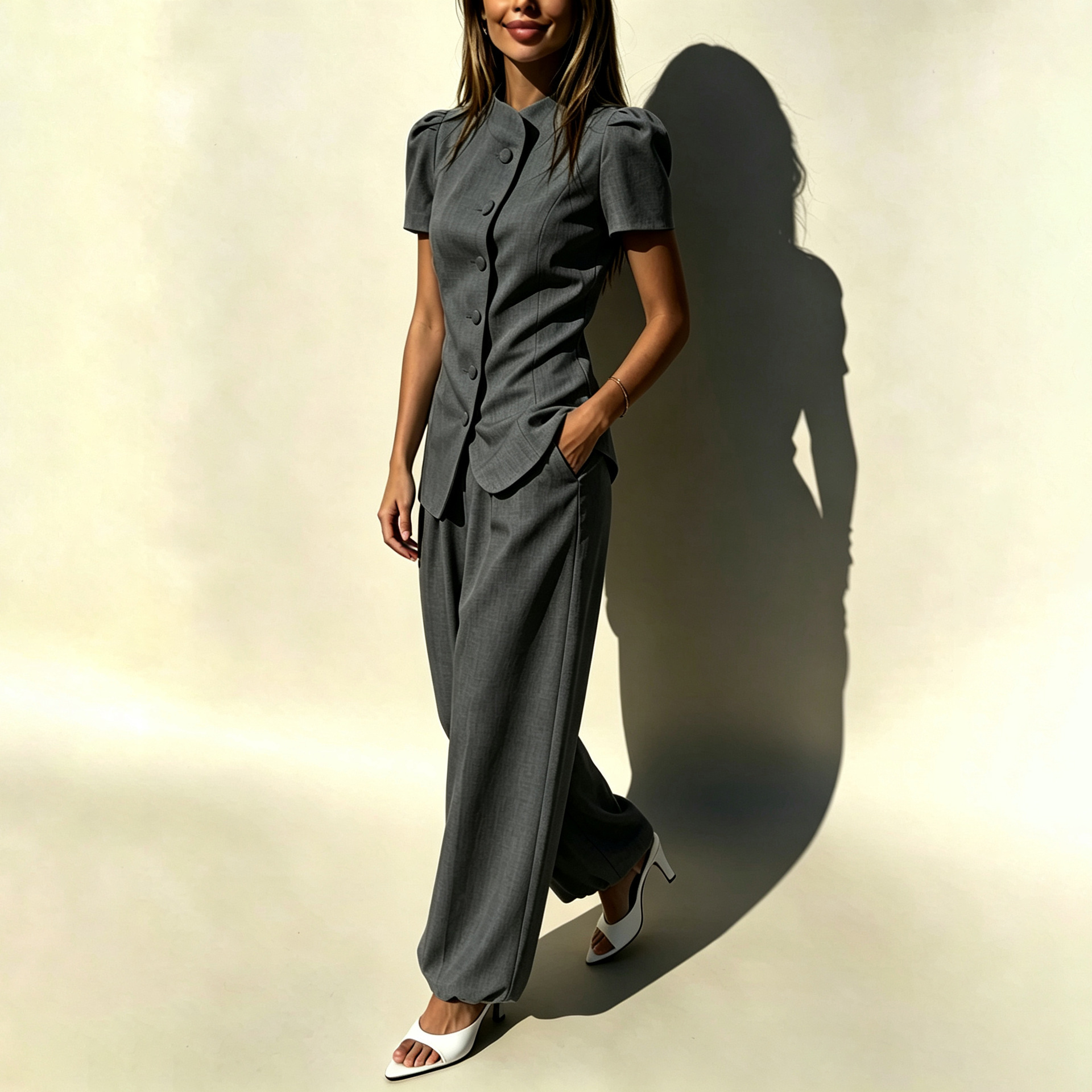 Women's Solid Color Waist-Cinched Short-Sleeve Top and Pants Two-Piece Set