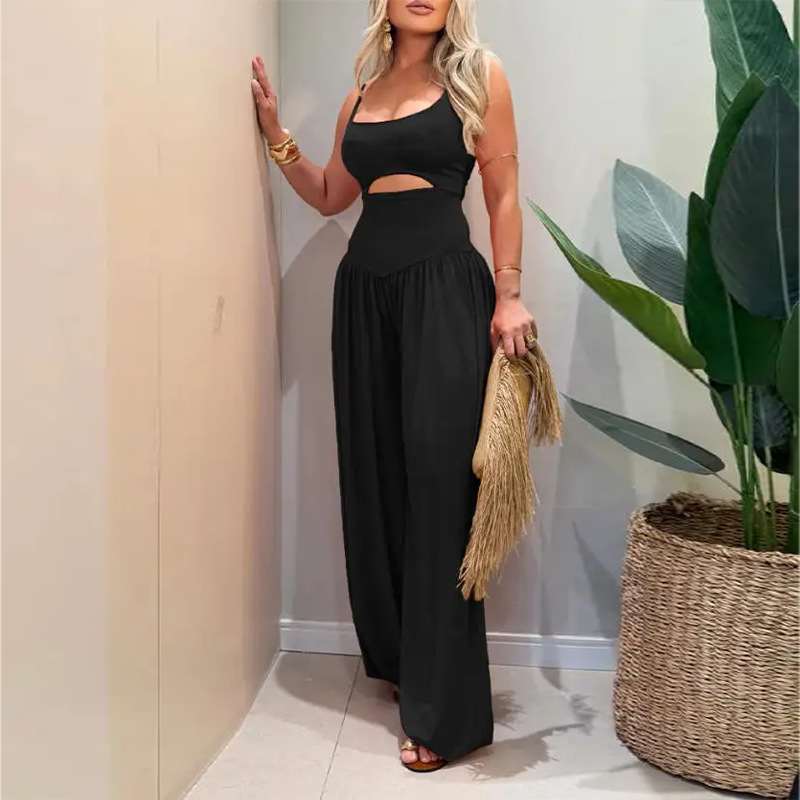 Women's Summer Sleeveless Wide-Leg Jumpsuit Solid Color Casual Vacation