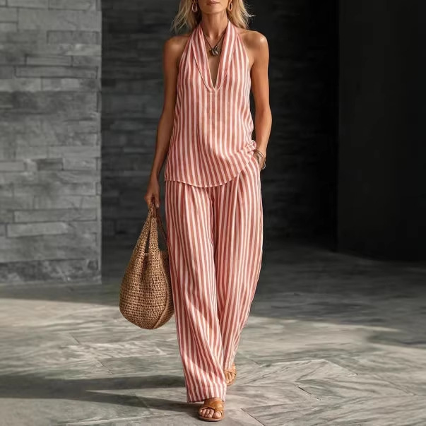Striped Linen V-Neck Sleeveless Top & Wide-Leg Pants Set