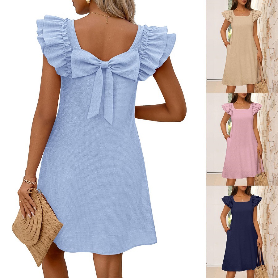Women's Double Ruffle Sleeve Back Bow Dress