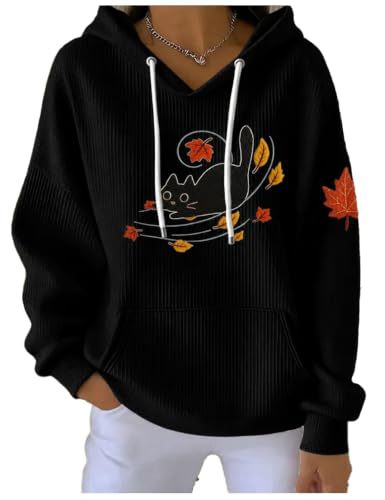Women's Cat & Maple Leaf Print Casual Hoodie
