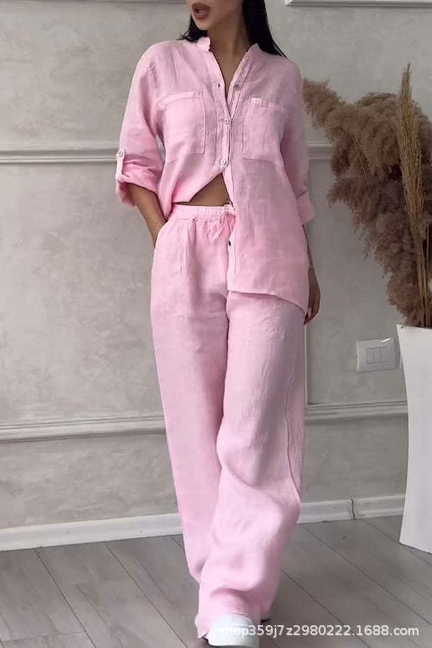 Cotton-Linen Solid Shirt & Drawstring Wide-Leg Pants Set