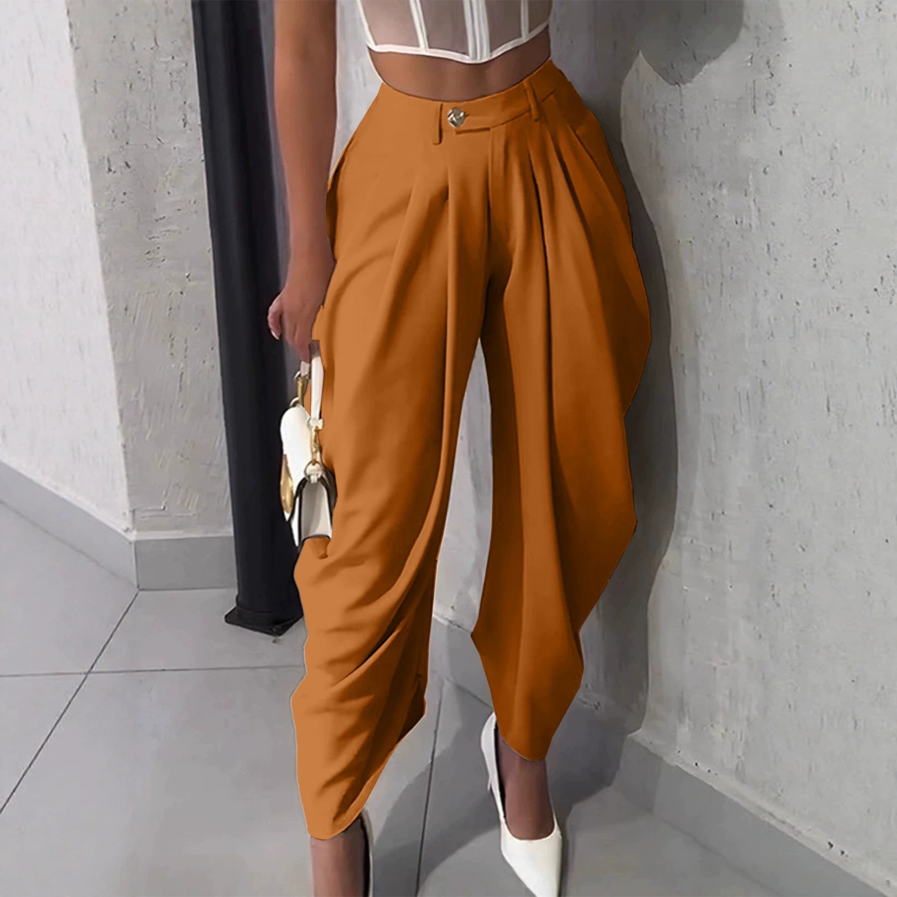 High-Waist Asymmetric Twist Pleated Harem Pants