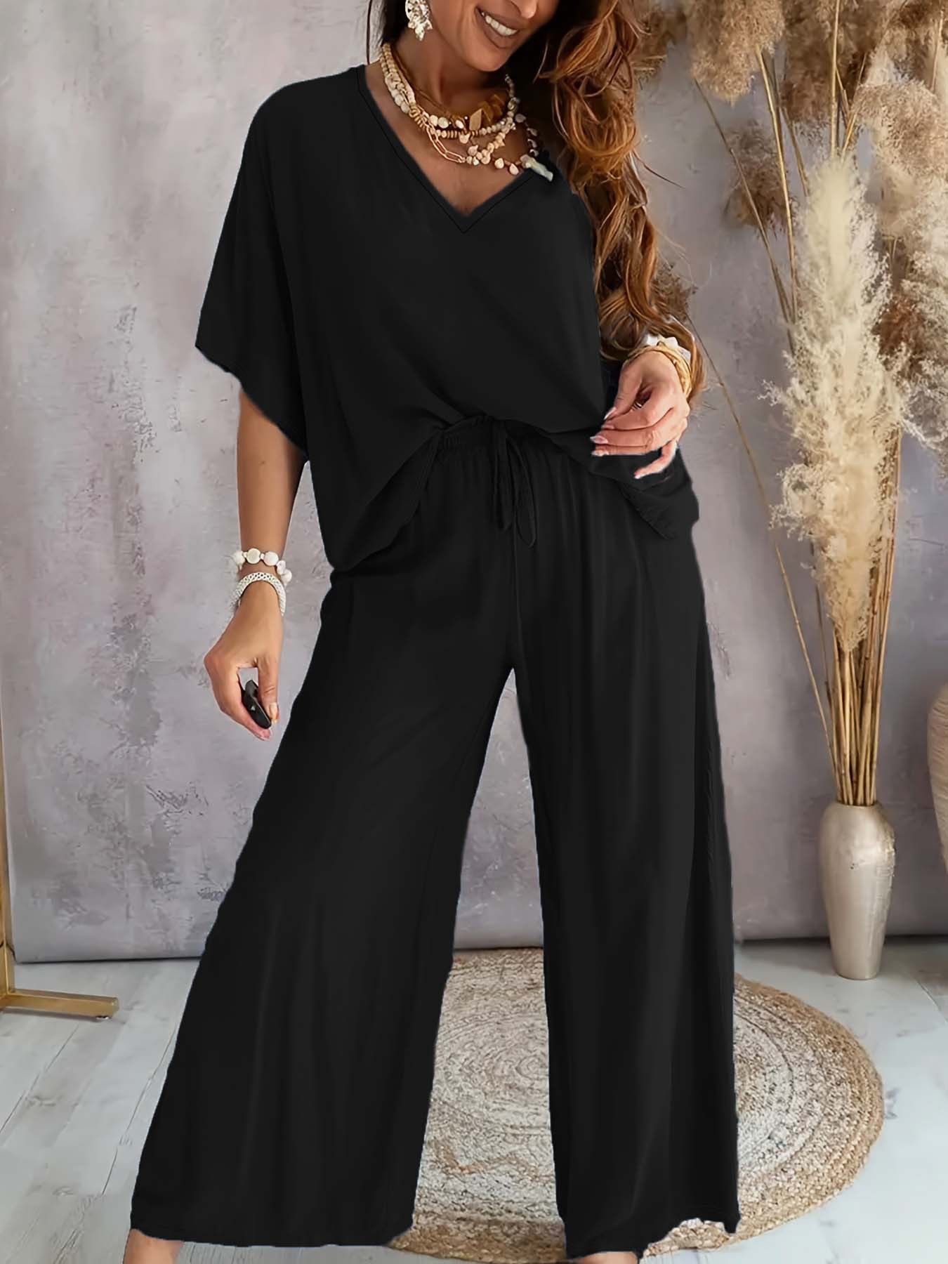 V-Neck Batwing Sleeve Wide-Leg Pants Set Women's Casual Loose Two-Piece