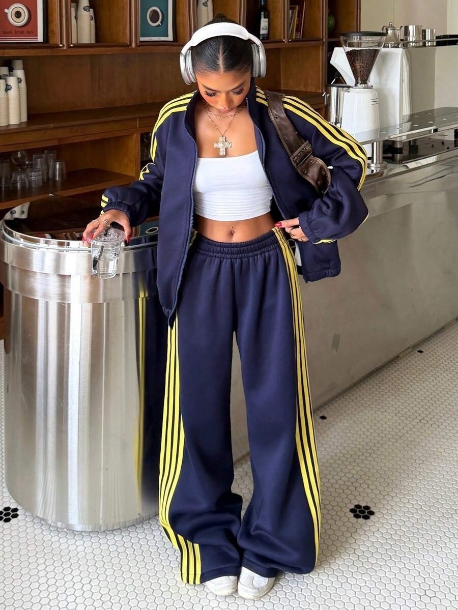 Women's Cotton Colorblock Striped Tracksuit with Zip-Up Cropped Jacket and Wide-Leg Pants