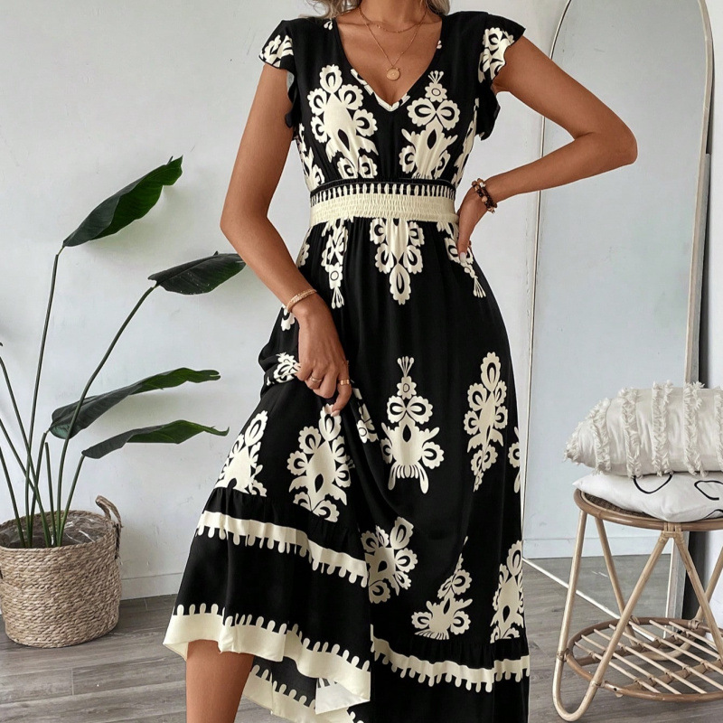 Women's Summer Elegant Vacation Printed V-Neck Dress