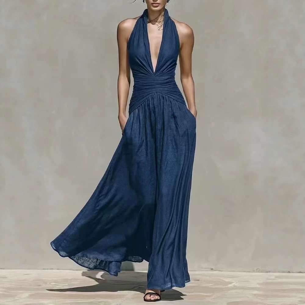 Women's Halter Deep V-Neck Sleeveless High-Waist Slimming Long Dress