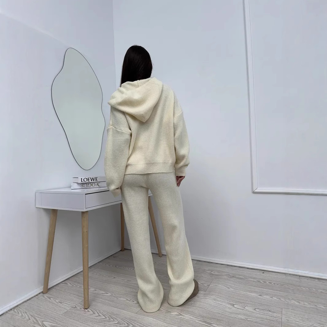 Women's Solid Color Long Sleeve Hooded Knit Top and Tie-Leg Pants Two-Piece Set