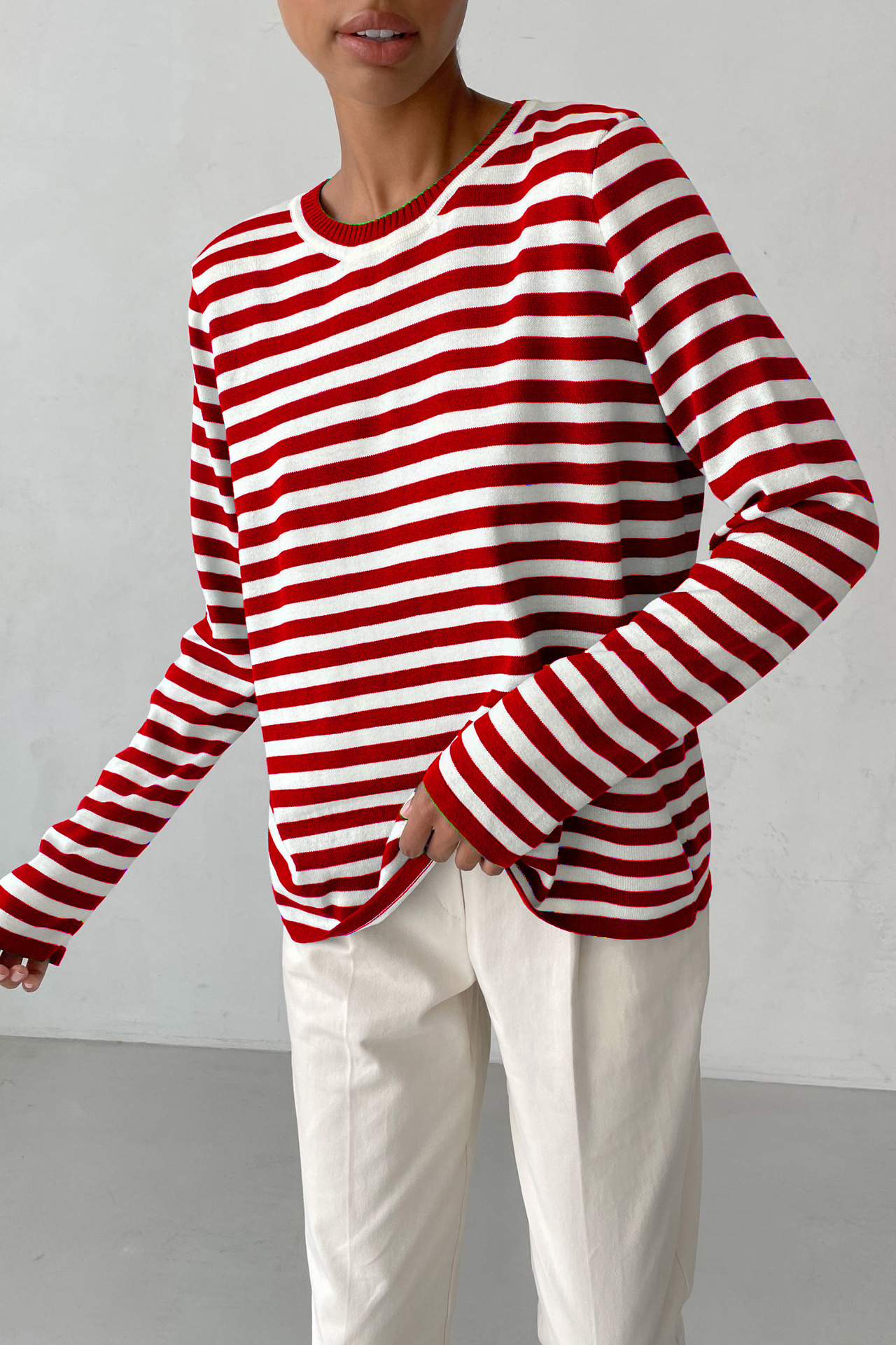Women's Striped Crewneck Knit Sweater Retro Pullover