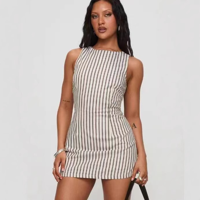 Striped Sleeveless Round Neck Midi Dress
