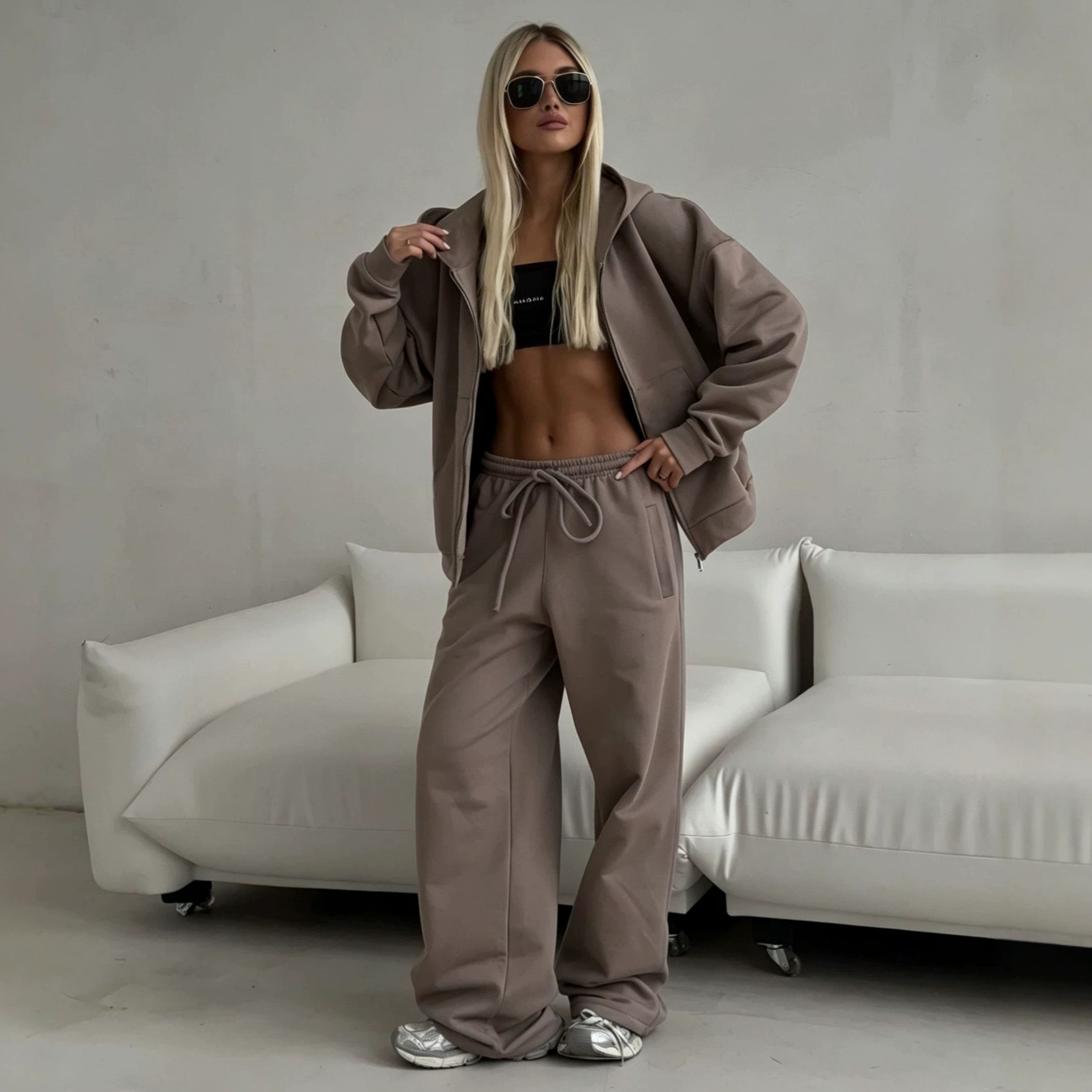 Women's Zip-Up Hooded Cardigan and Drawstring Pants Two-Piece Casual Set