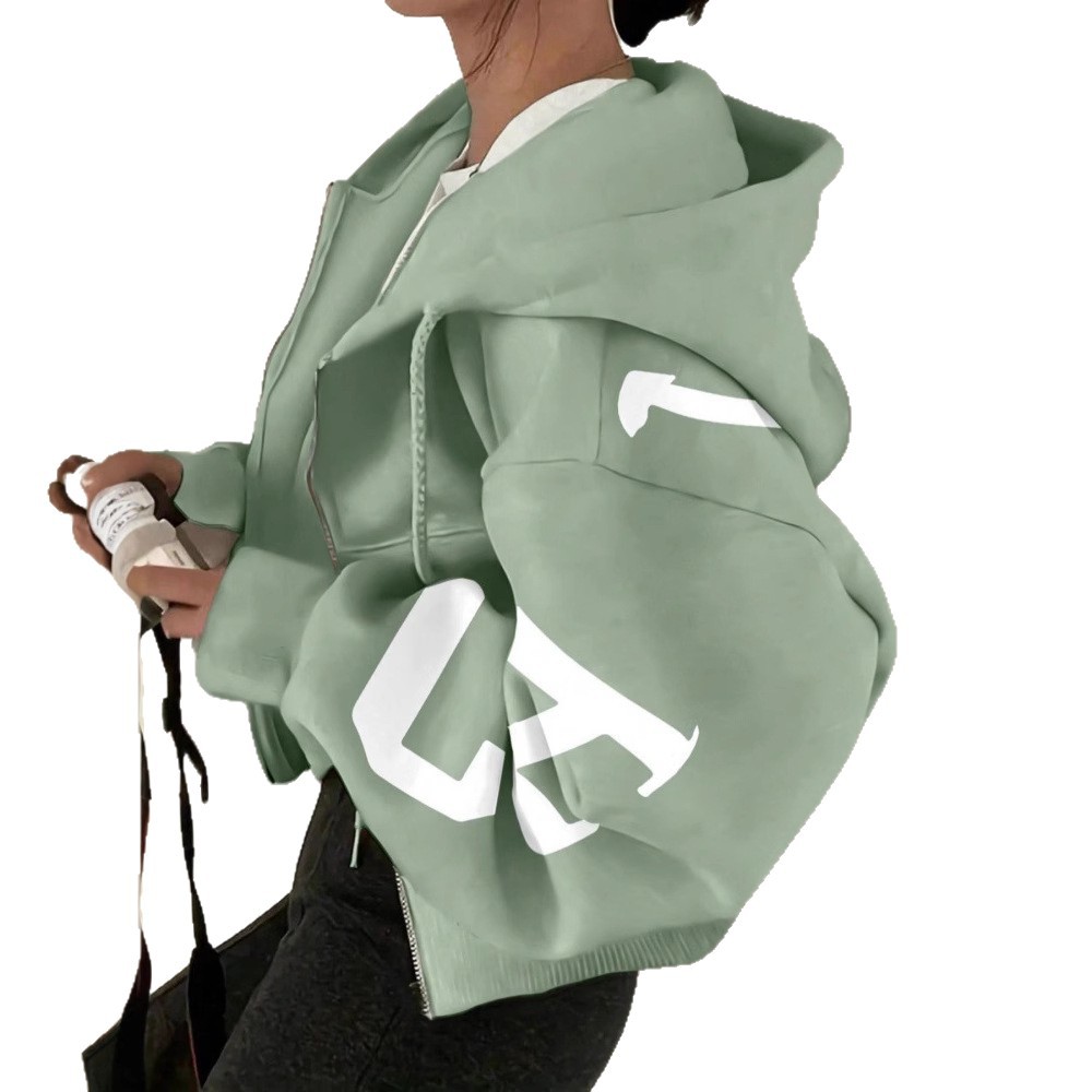 Women's Casual Letter Print Loose Hooded Zip-Up Sweatshirt