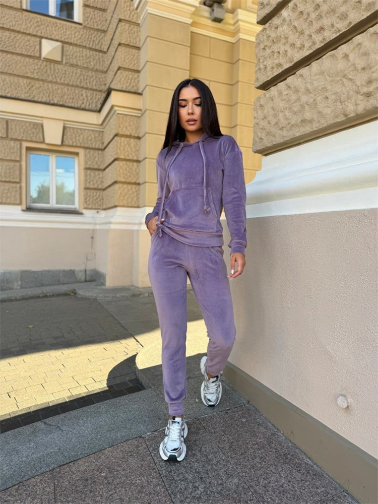 Women's Velvet Hooded Pullover Top and Elastic Waist Pants Two-Piece Set