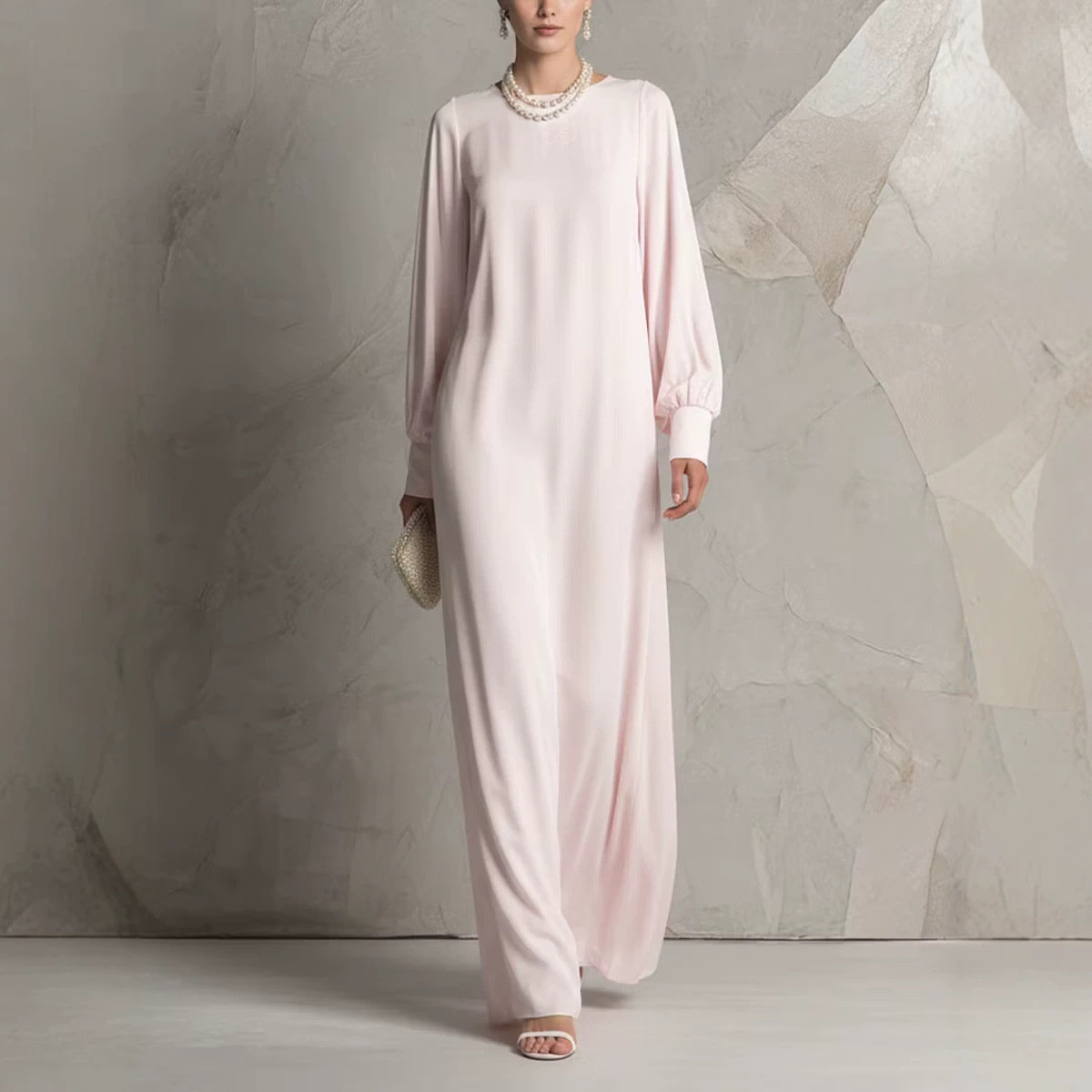 Solid Silk-Feel Lantern Sleeve Maxi Dress with Round Neck and Flowing Oversized Skirt