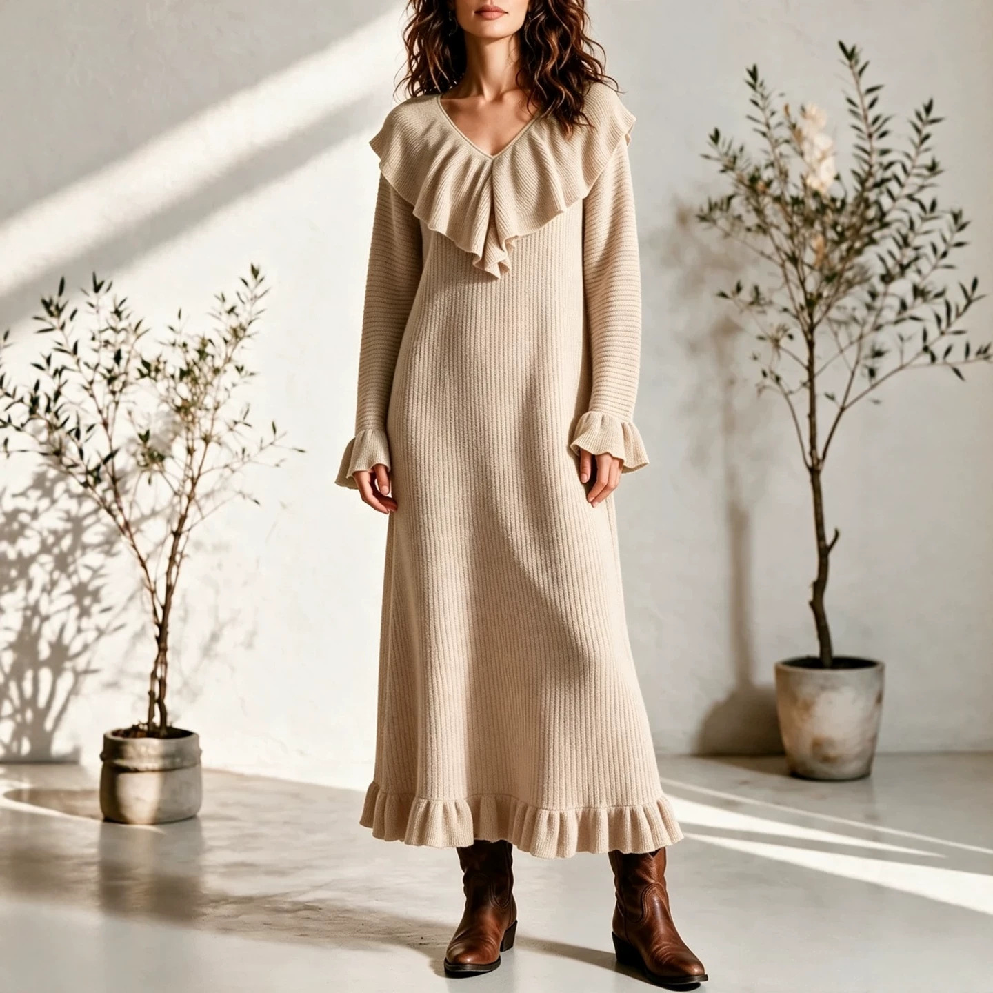 Women's French Style Ruffle Long Sleeve Knit Dress
