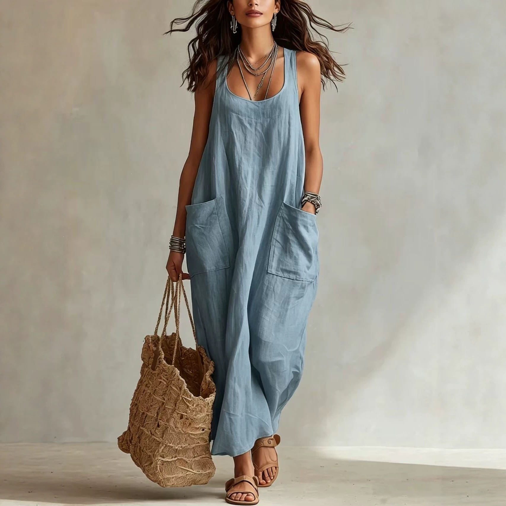 Women's Cotton-Linen Sleeveless A-Line Maxi Dress with Pockets