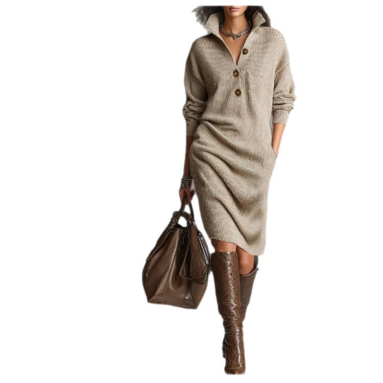 Women's Button-Front Collared Loose Straight Knit Midi Sweater Dress