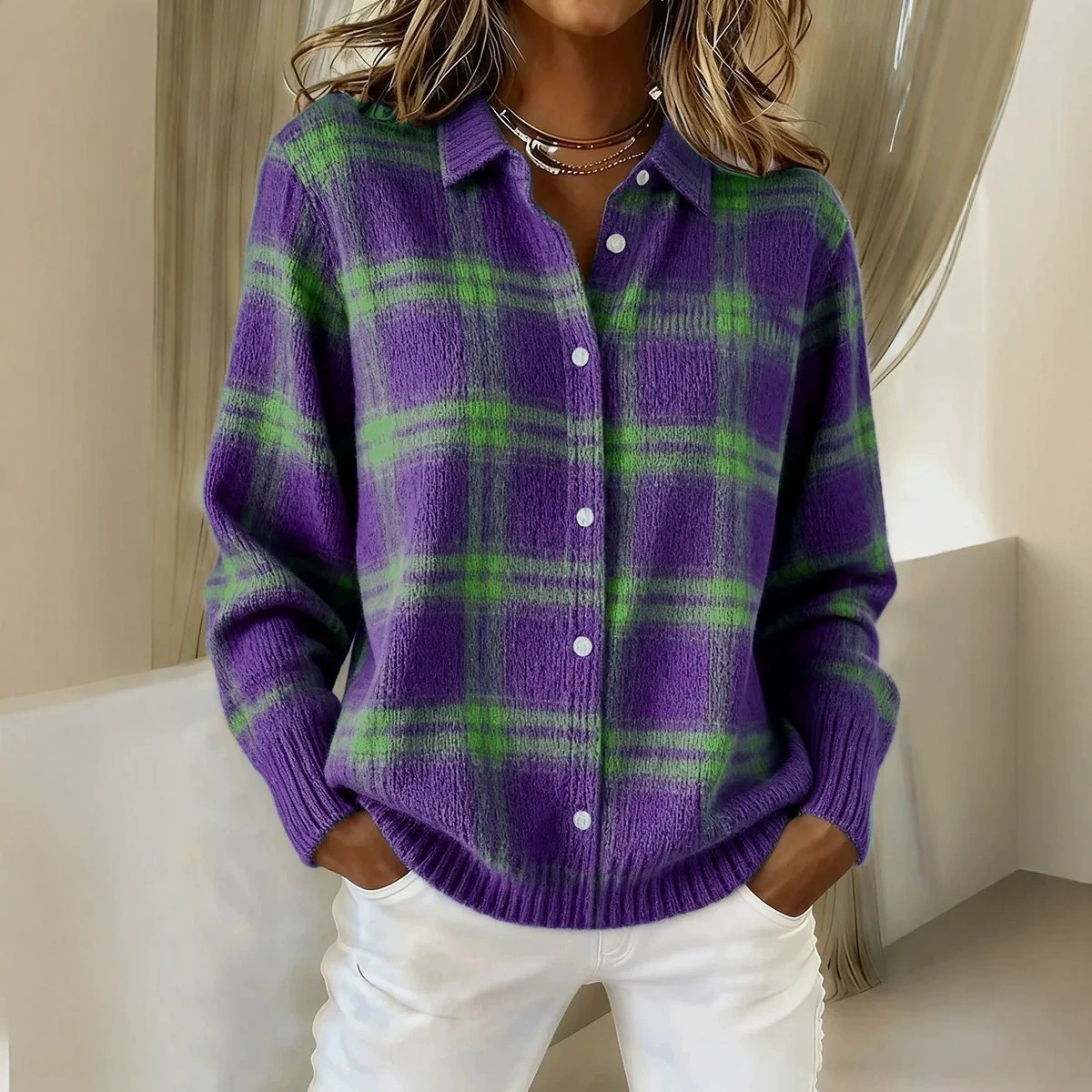 Plaid Collared Button-Front Cardigan Sweater