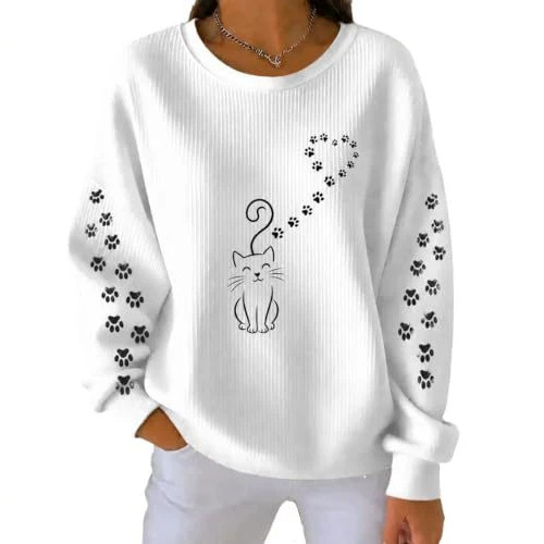Women's Cat Tail Heart Paw Print Crewneck Sweatshirt