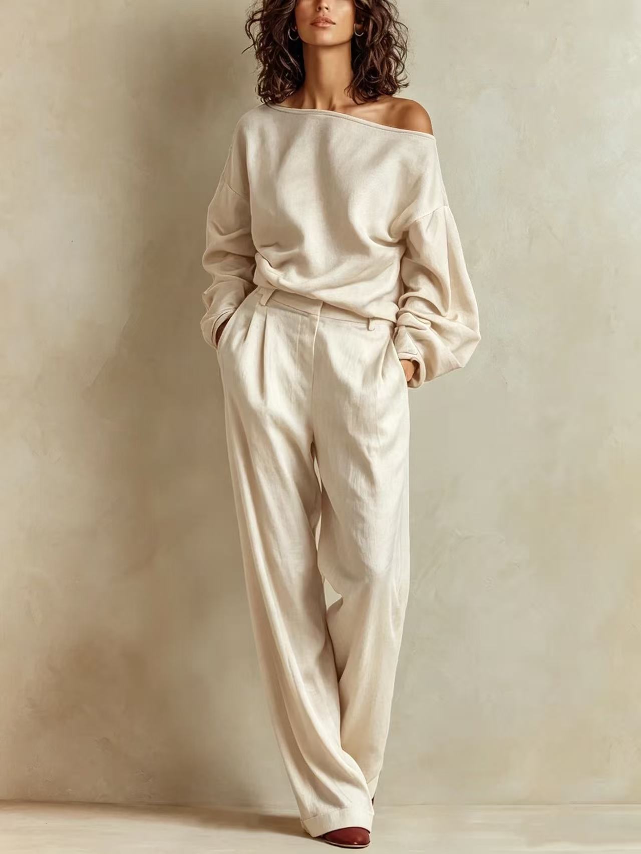 Women's One-Shoulder Long Sleeve Top and Pants Set