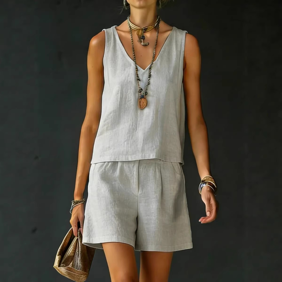 Women's Cotton-Linen Sleeveless Tank and Shorts Set Casual Solid Color