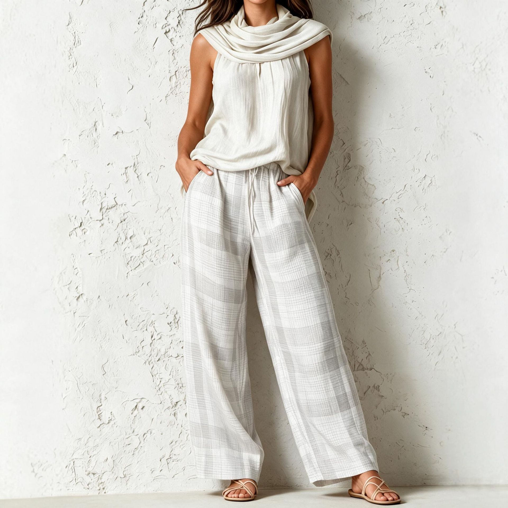 Women's Retro Sleeveless Top and Plaid Pants Set