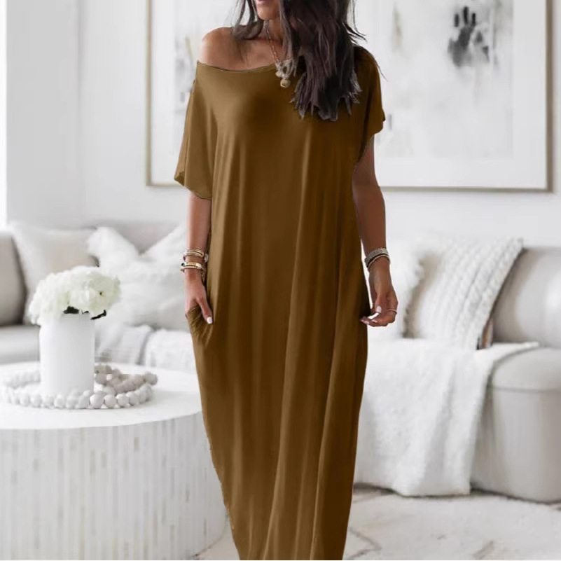 Women's Off-Shoulder Short Sleeve Casual Dress with Pockets