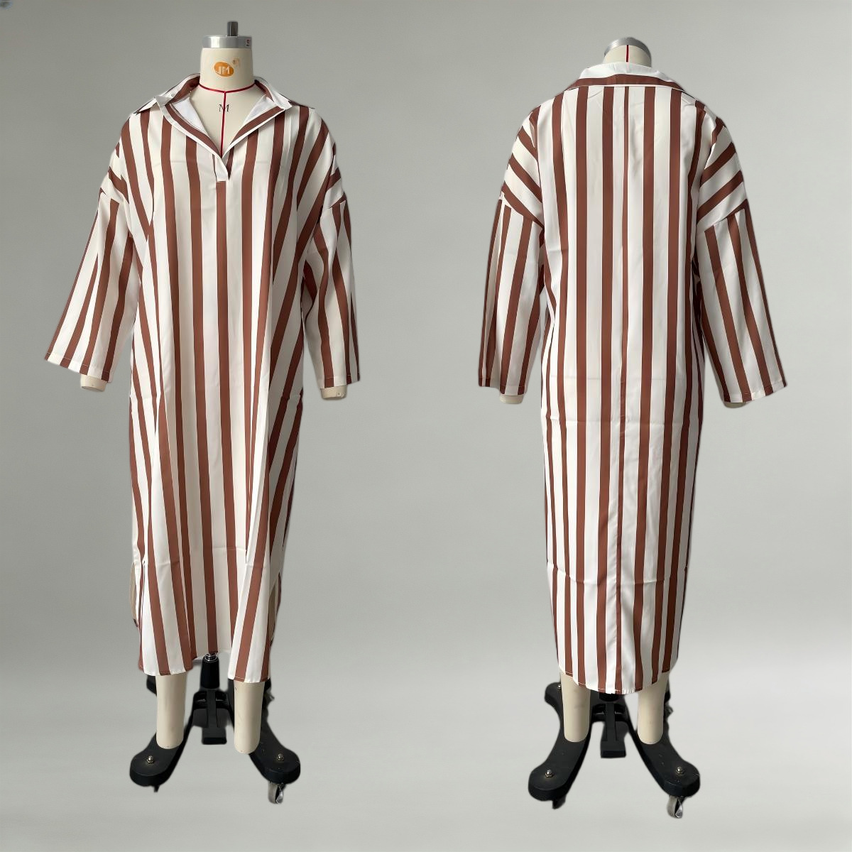 Women's Loose V-Neck Striped Long Shirt Dress with 3/4 Sleeves