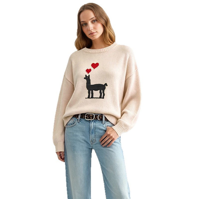 Heart Colorblock Crewneck Pullover Knit Sweater