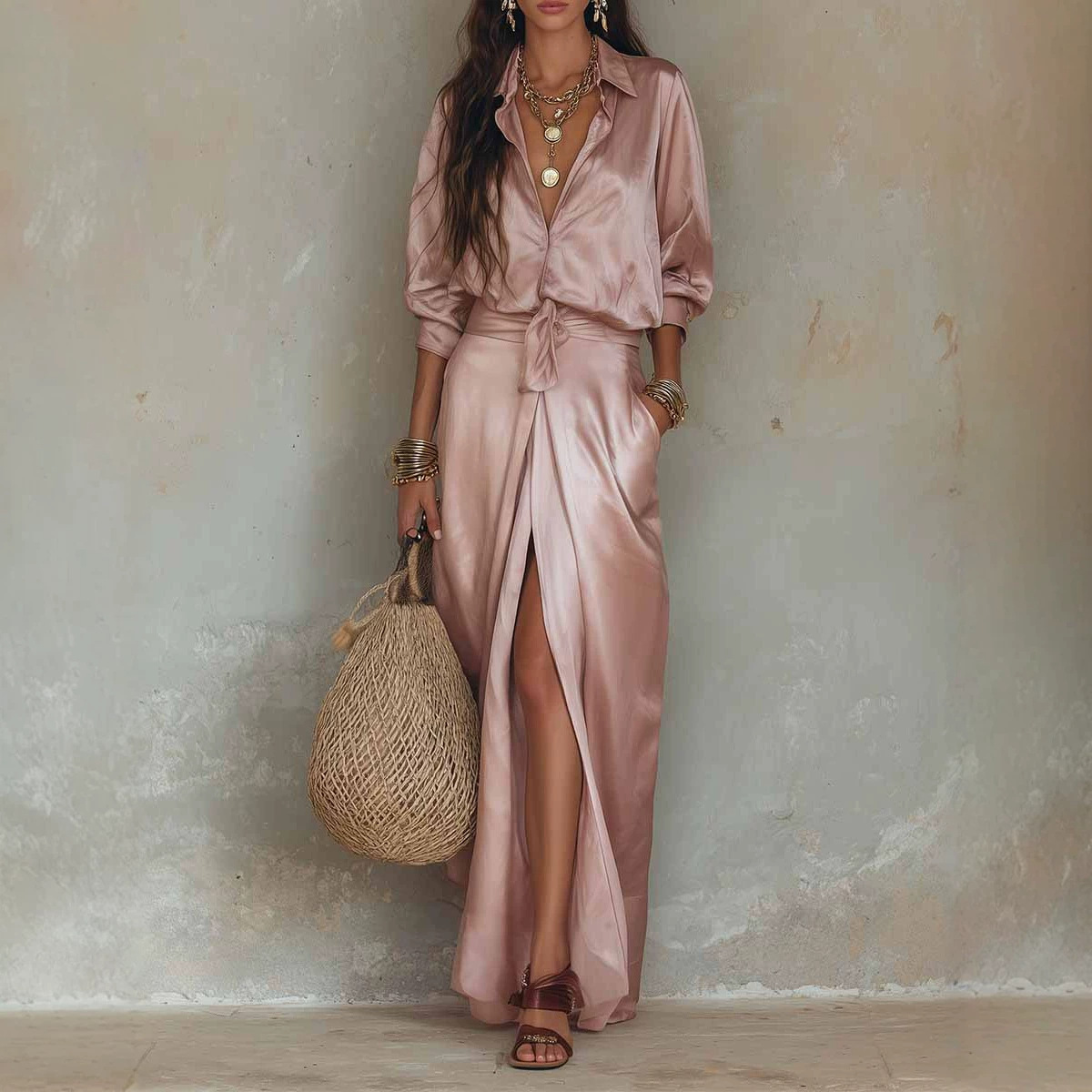 Satin Shirt and Slit Midi Skirt Set with Pockets