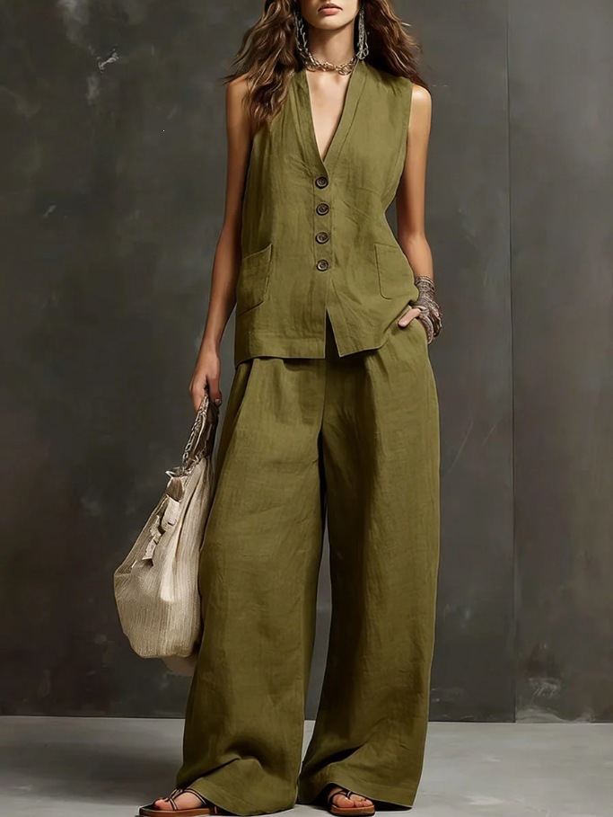 Women's Sleeveless Vest Top and Wide-Leg Pants Cotton-Linen Two-Piece Set
