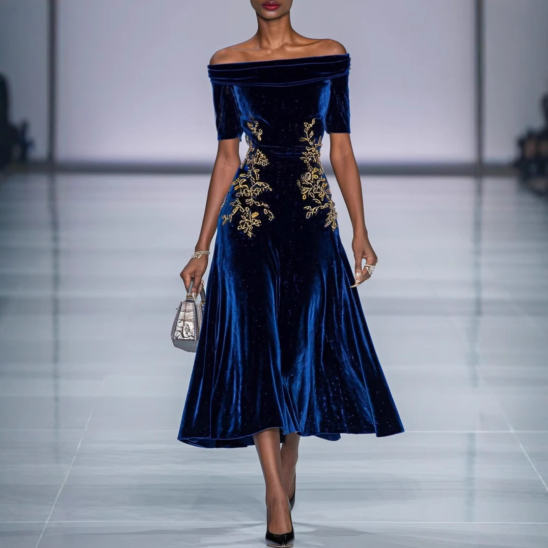 Embroidered Off-Shoulder High-Waist Midi Dress