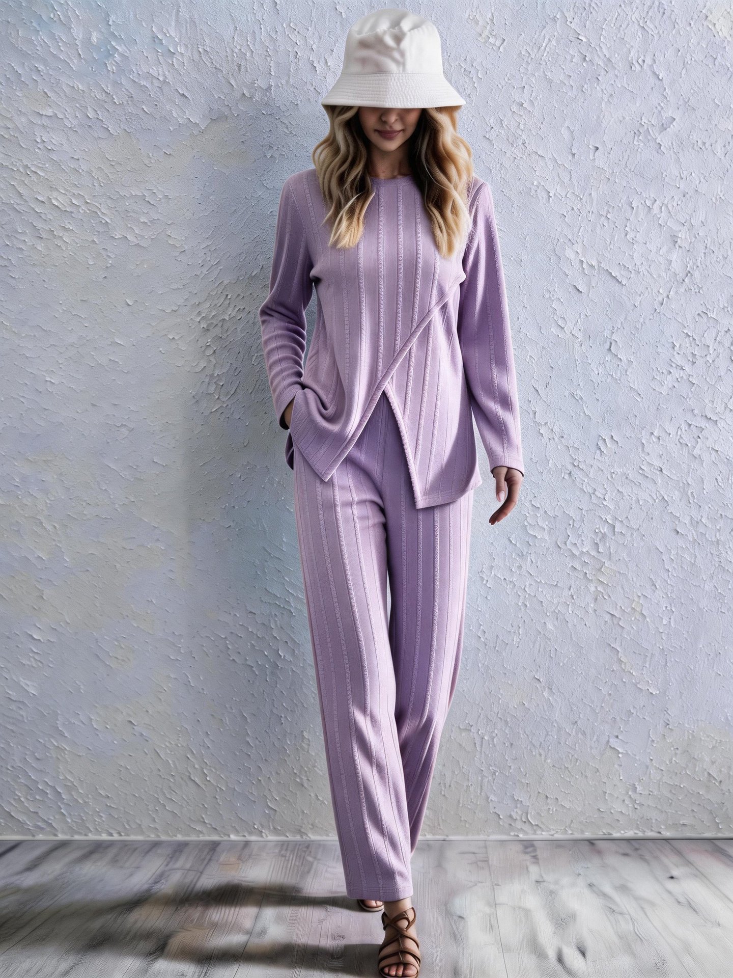 Women's Ribbed Cross-Front Long Sleeve Top & Wide-Leg Pants Set