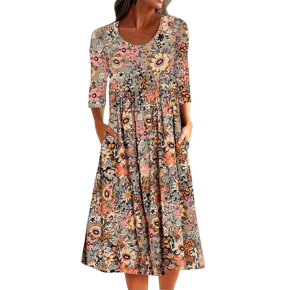 Women's Summer Floral Print Midi Dress with Pockets