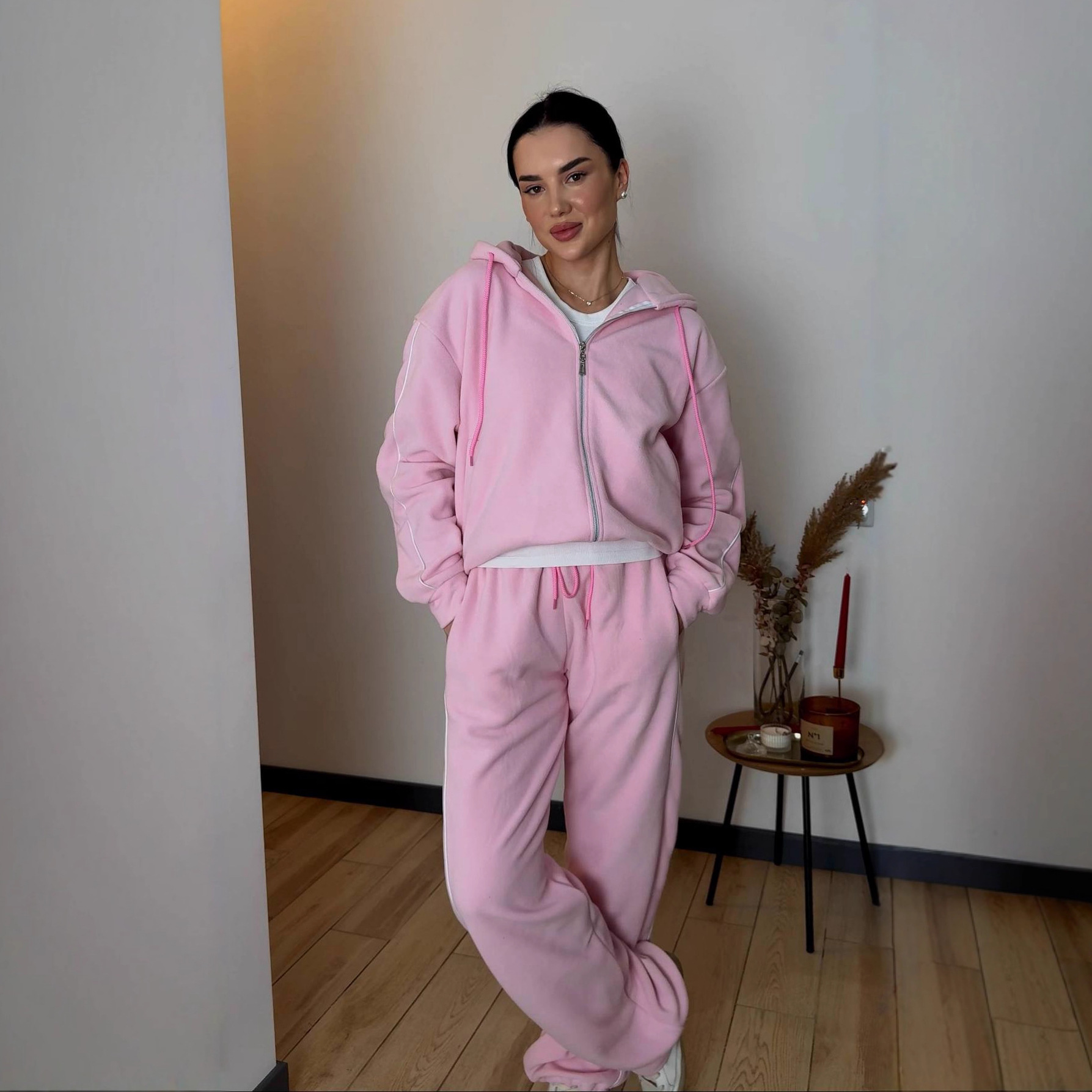 Women's Fleece Hooded Cardigan and Wide-Leg Pants Two-Piece Set