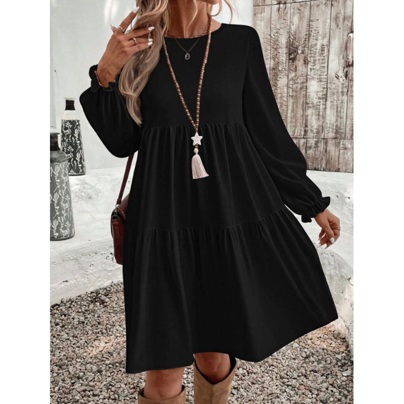 Puff Sleeve Tiered Midi Dress Round Neck Long Sleeve Solid Color