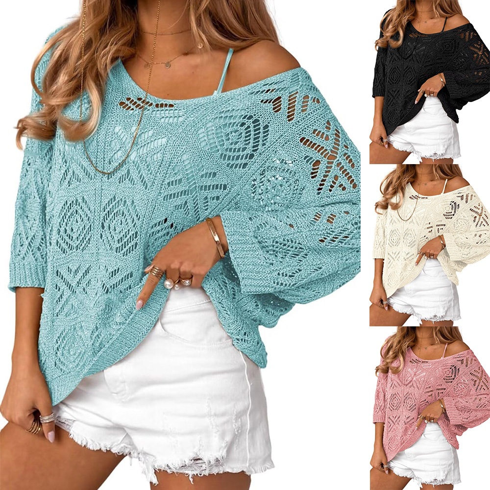 V-Neck Hollow-Out Loose 3/4 Sleeve Sweater Beach Cover-Up
