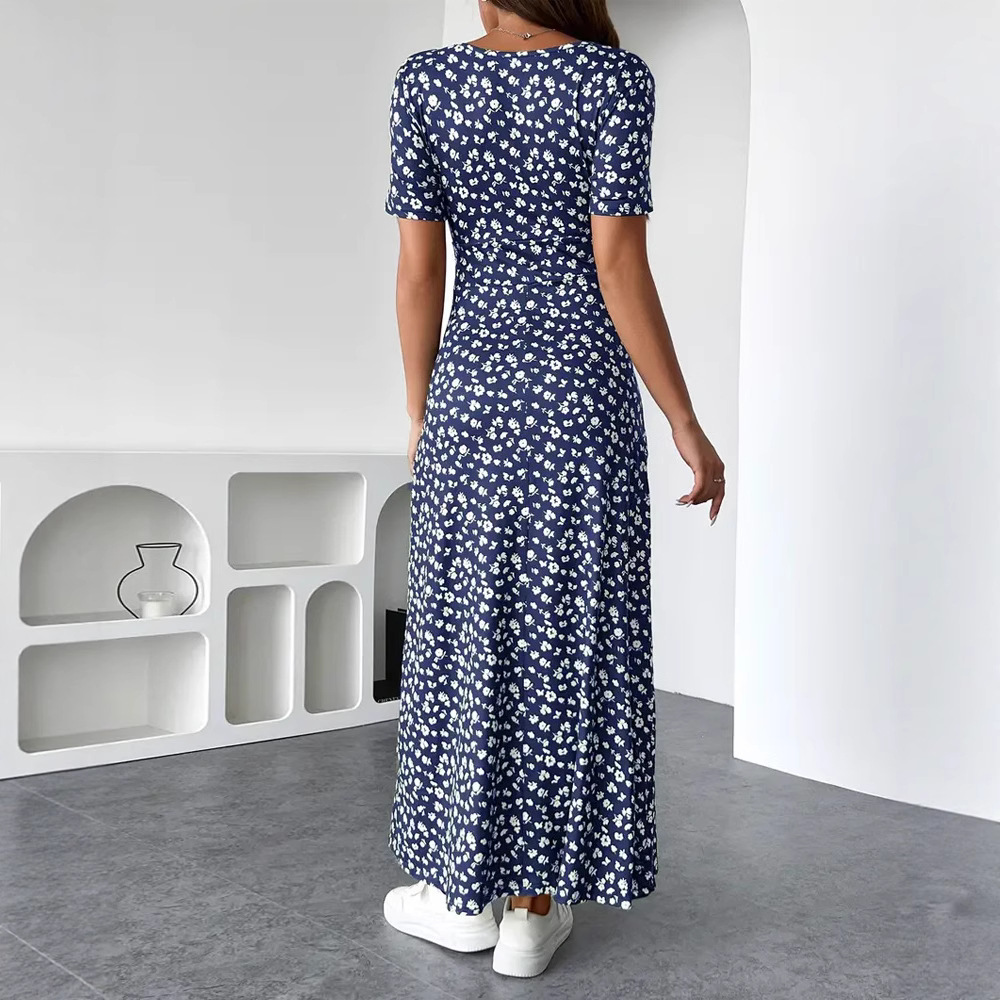 Women's Floral V-Neck Short Sleeve High Waist Midi Dress